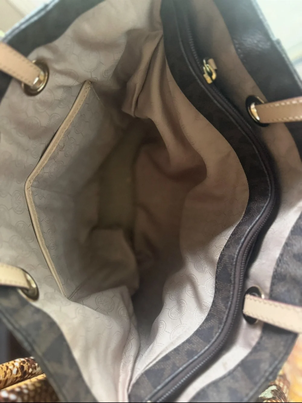 Michael Kors Chocolate MK Logo Tote with Beige Straps